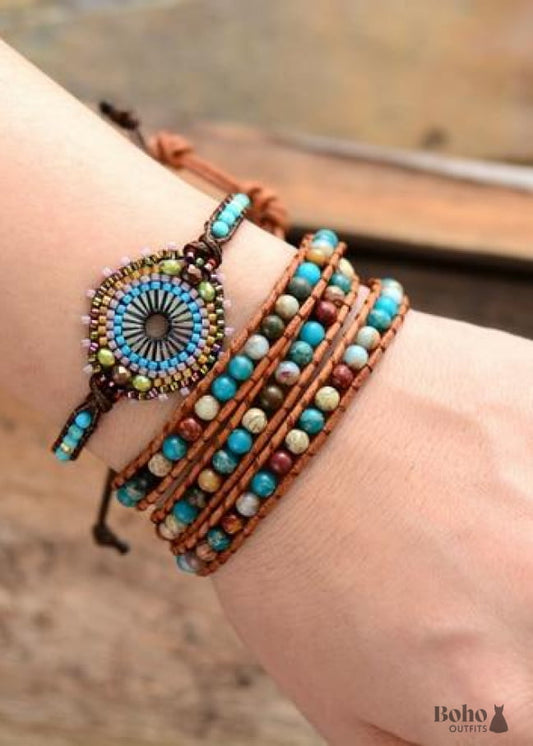 Boho Bracelet Leather Wrap Weave Blue Amazonite Crystal