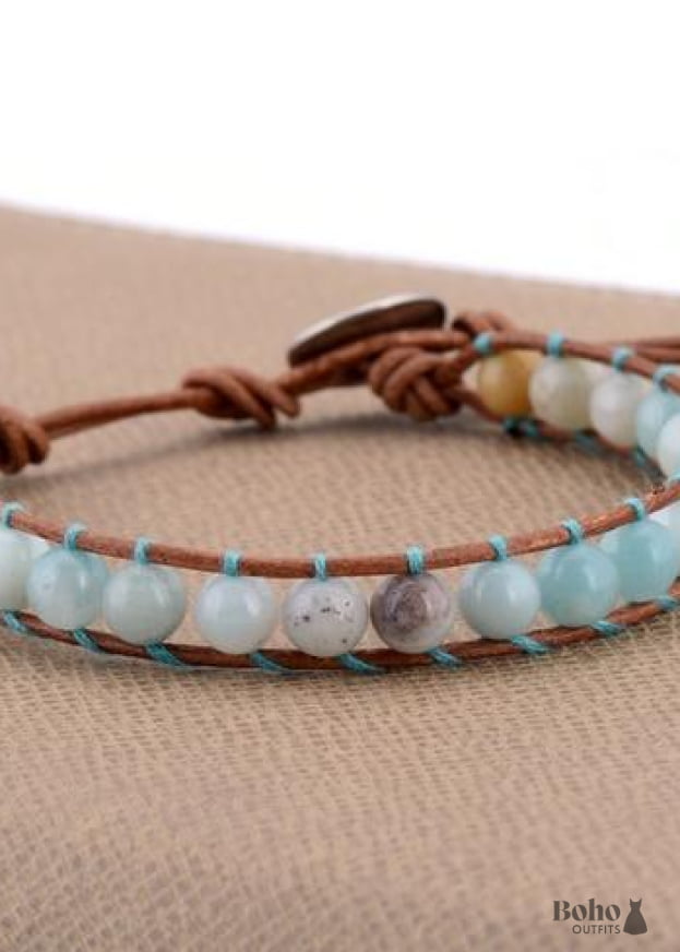 Boho Bracelet Leather Wrap Weave Blue Amazonite - Jewelry