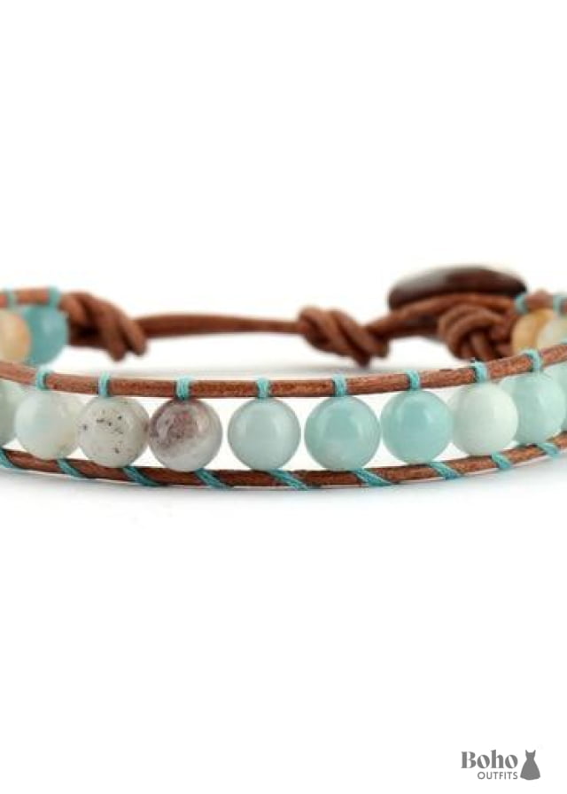 Boho Bracelet Leather Wrap Weave Blue Amazonite - Thread