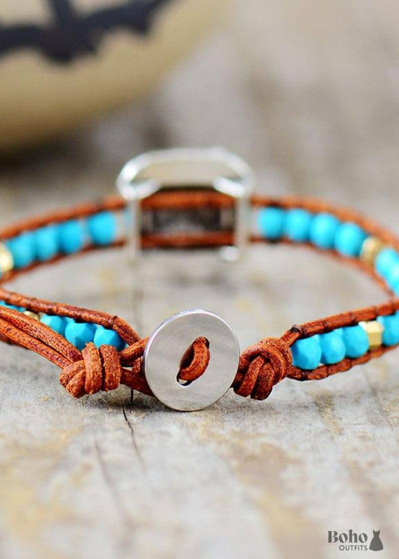 Boho Bracelet Leather Wrap Weave Blue Silver - Jewelry