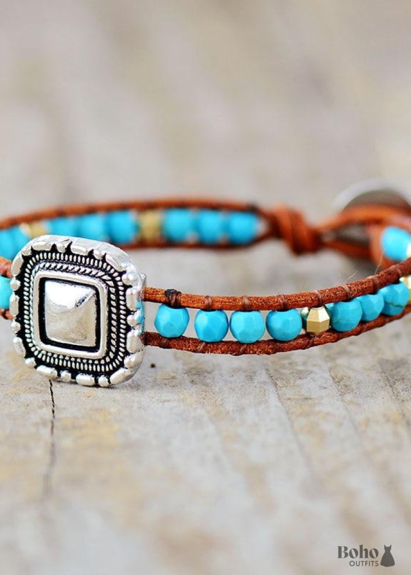 Boho Bracelet Leather Wrap Weave Blue Silver - Jewelry