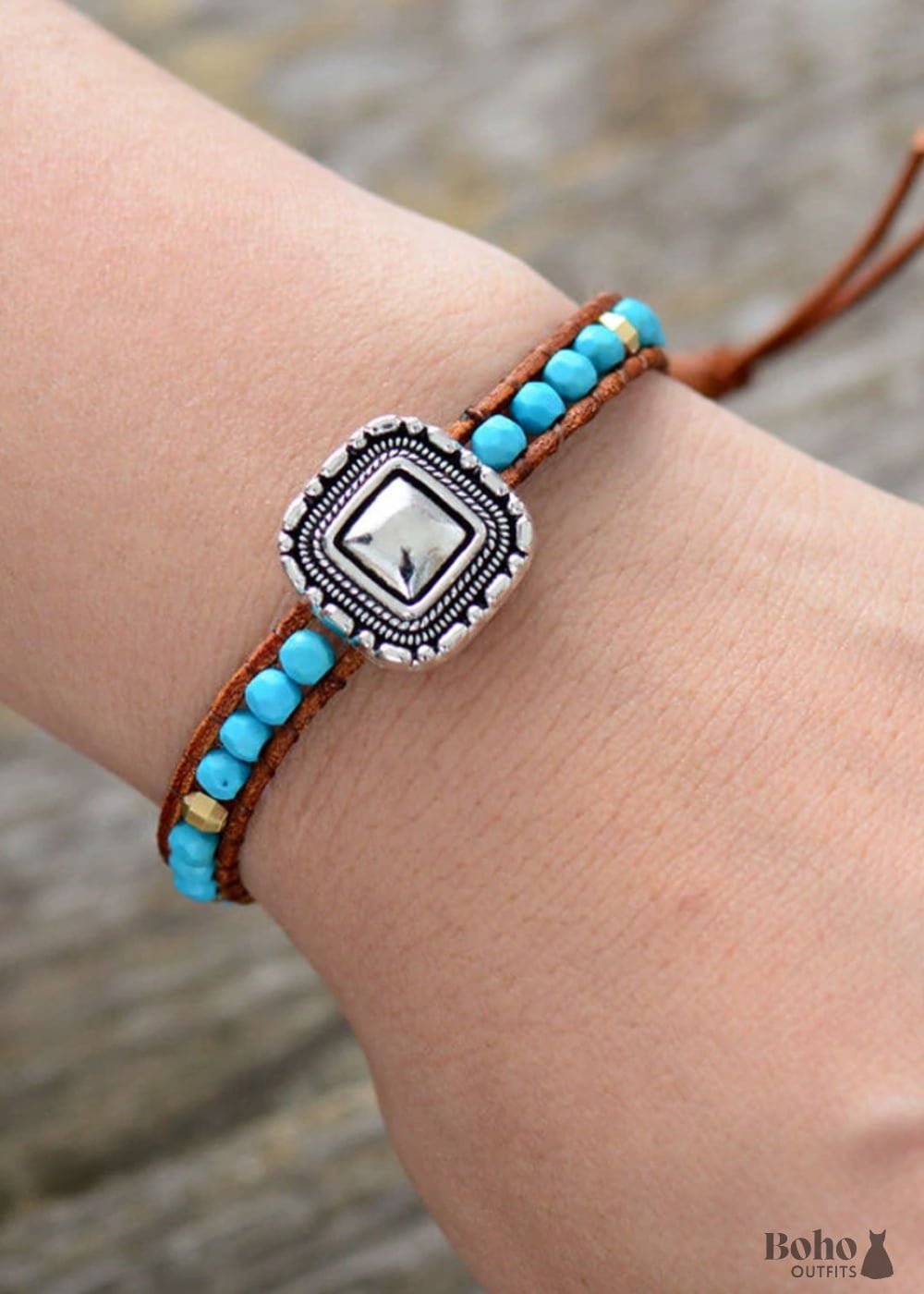 Boho Bracelet Leather Wrap Weave Blue Silver - Jewelry