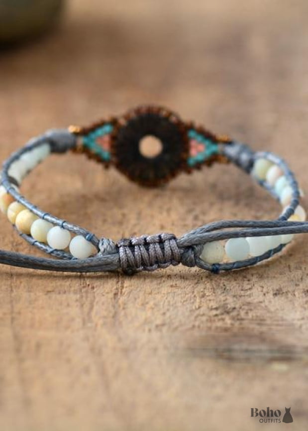 Boho Bracelet Leather Wrap Weave Frosted Blue Amazonite