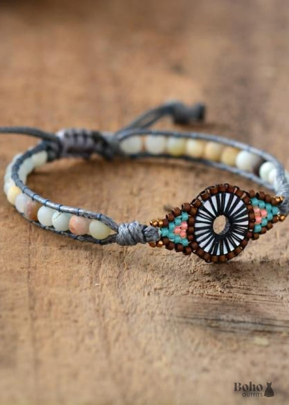 Boho Bracelet Leather Wrap Weave Frosted Blue Amazonite