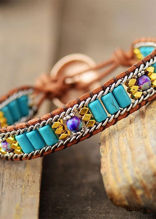 Boho Bracelet Leather Wrap Weave Turquoises Chain - Jewelry