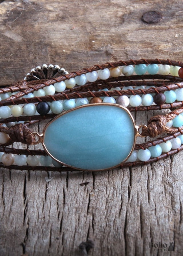 Boho Bracelet RH 3 Layers Leather Wrap Natural Stones Blue