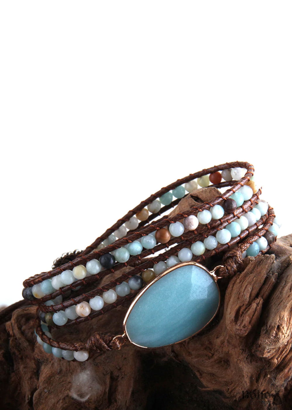 Boho Bracelet RH 3 Layers Leather Wrap Natural Stones Blue