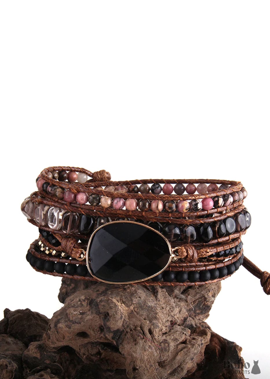 Boho Bracelet RH 4 Layers Leather Wrap mm Armbander Black