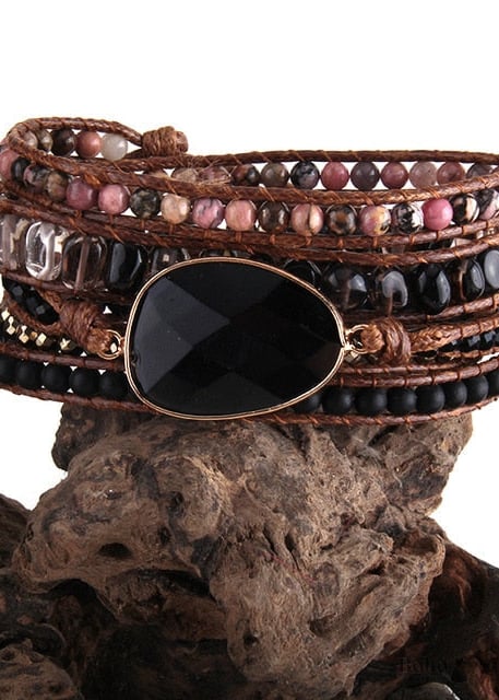 Boho Bracelet RH 4 Layers Leather Wrap mm Armbander Black