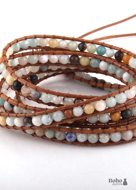 Boho Bracelet RH 5 Layers Leather Wrap 4 mm Natural Stones