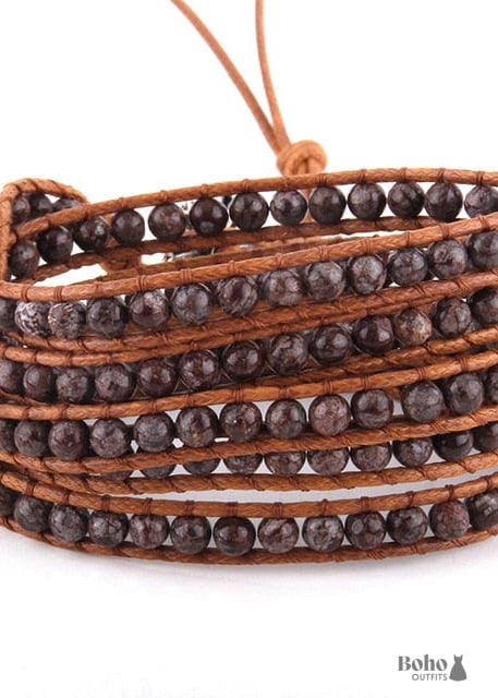 Boho Bracelet RH 5 Layers Leather Wrap 4 mm Natural Stones