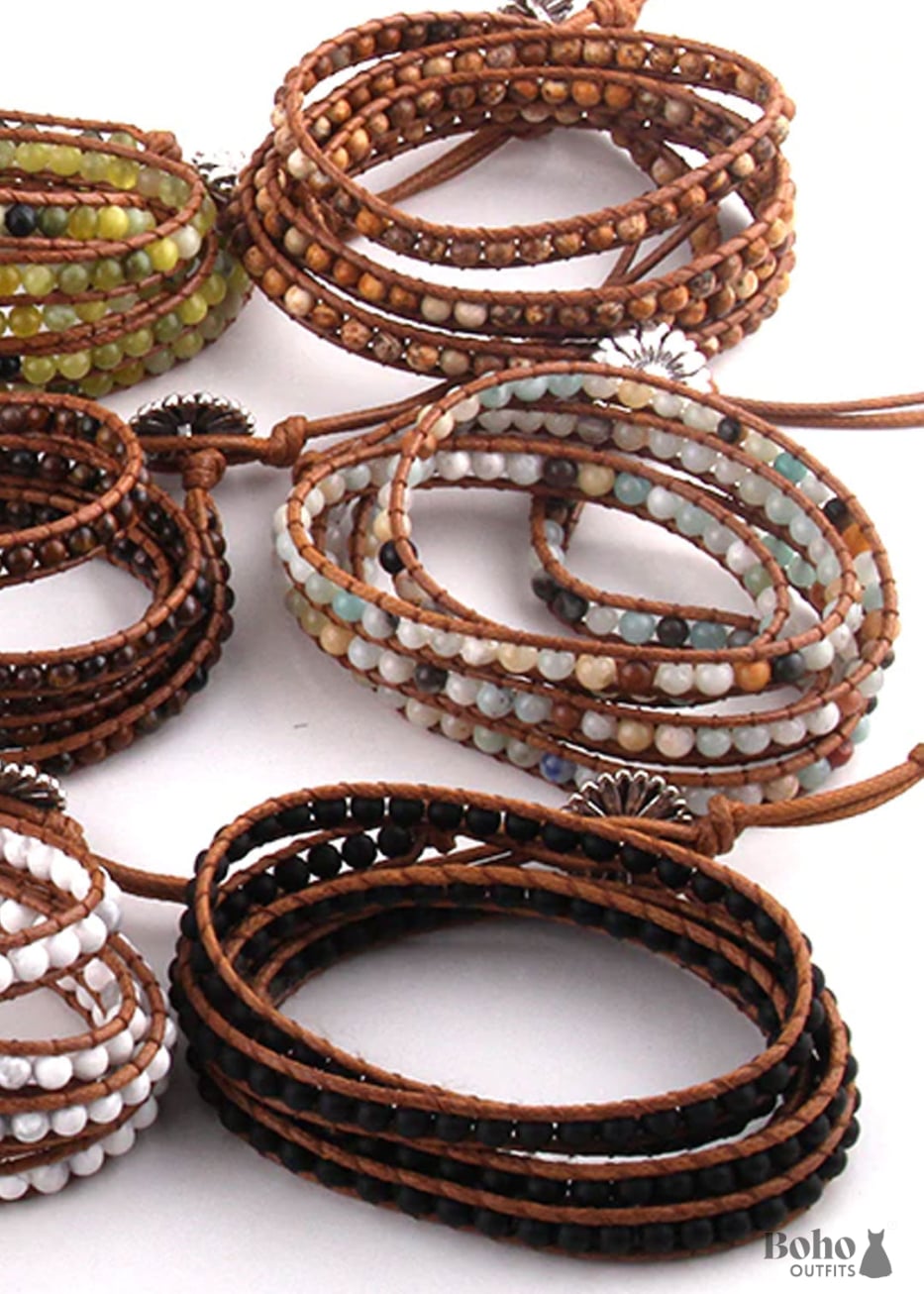 Boho Bracelet RH 5 Layers Leather Wrap 4 mm Natural Stones