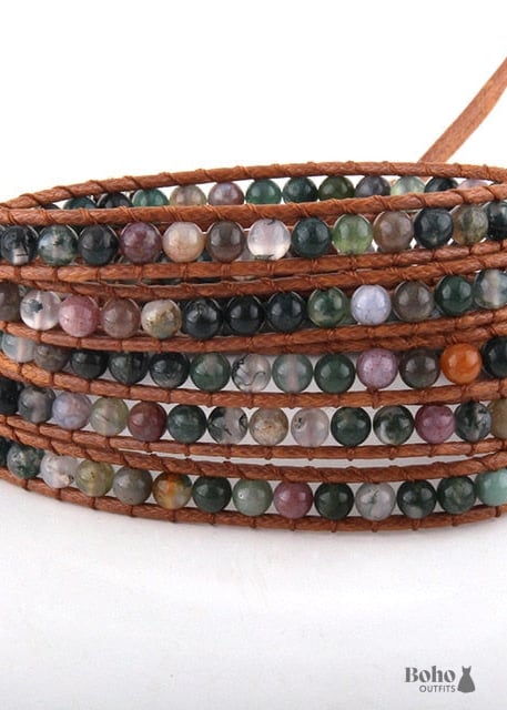 Boho Bracelet RH 5 Layers Leather Wrap 4 mm Natural Stones