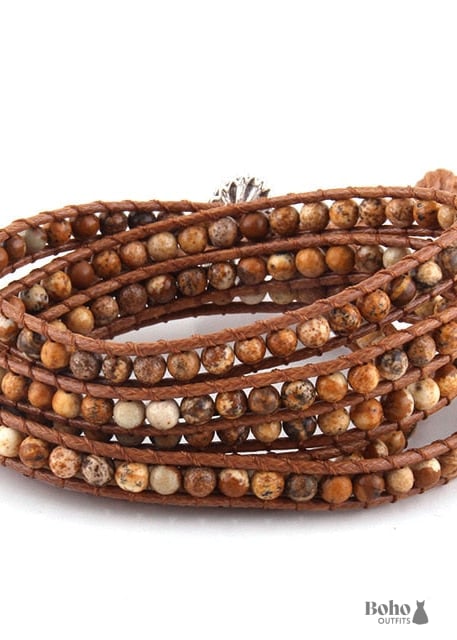 Boho Bracelet RH 5 Layers Leather Wrap 4 mm Natural Stones