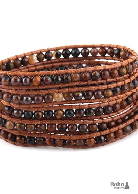 Boho Bracelet RH 5 Layers Leather Wrap 4 mm Natural Stones