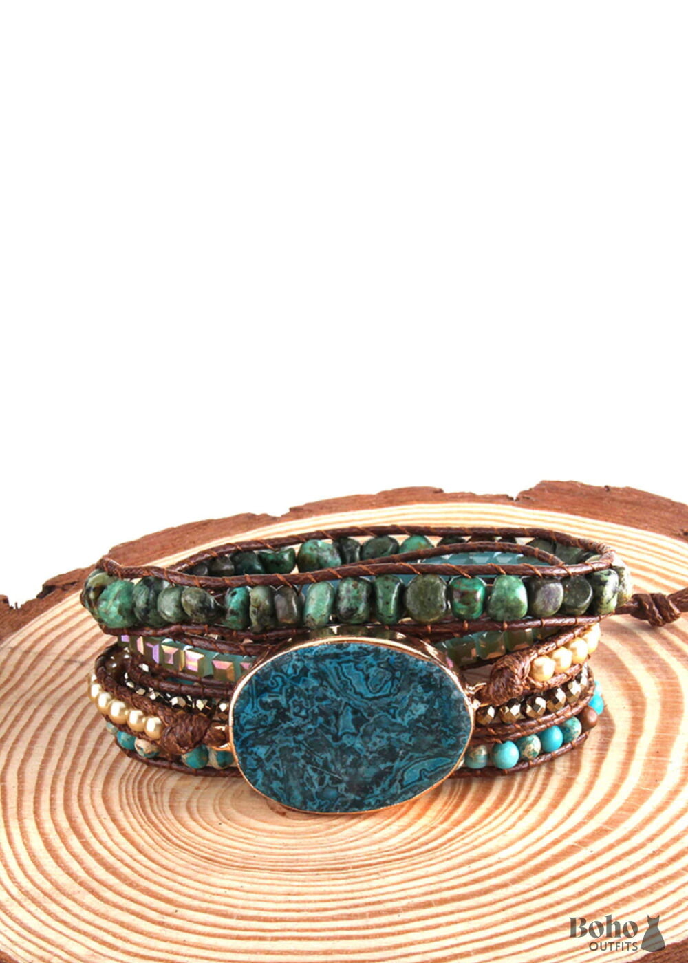 Boho Bracelet RH 5 Layers Leather Wrap Black Onyx - Blue