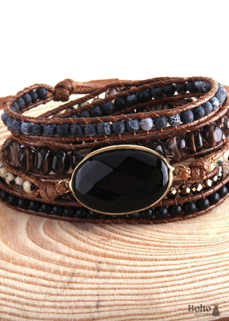 Boho Bracelet RH 5 Layers Leather Wrap Black Onyx - Jewelry