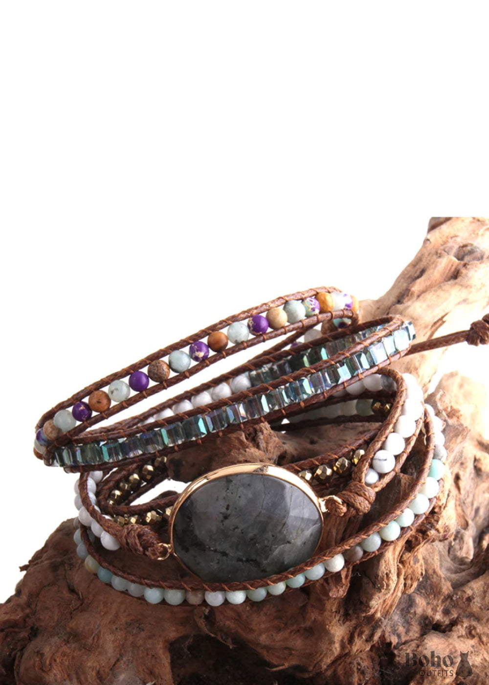 Boho Bracelet RH 5 Layers Leather Wrap Black Tourmaline