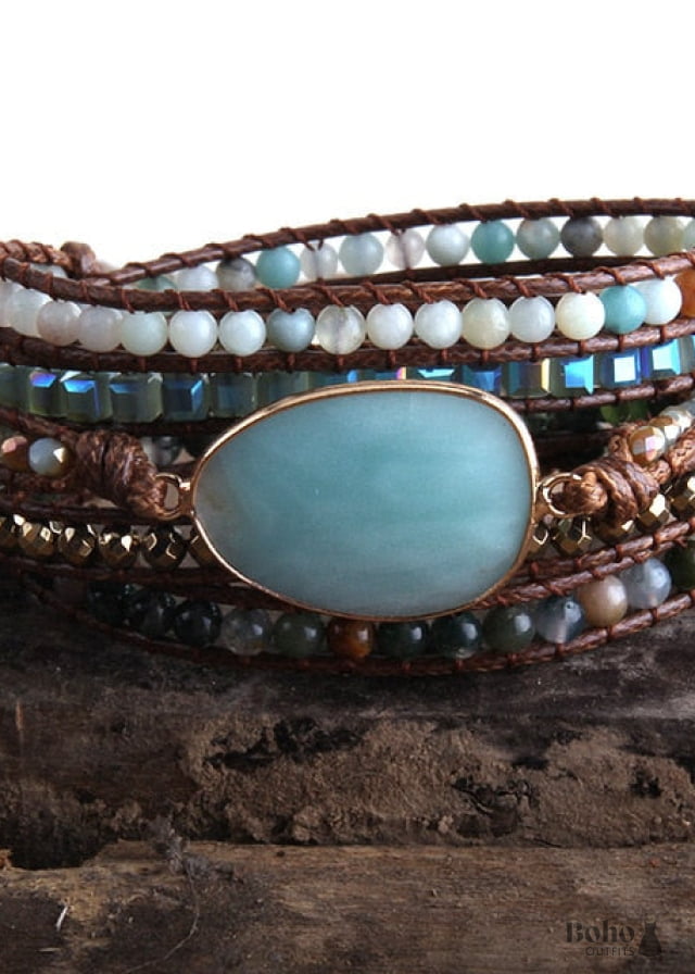 Boho Bracelet RH 5 Layers Leather Wrap Crystal and Natural