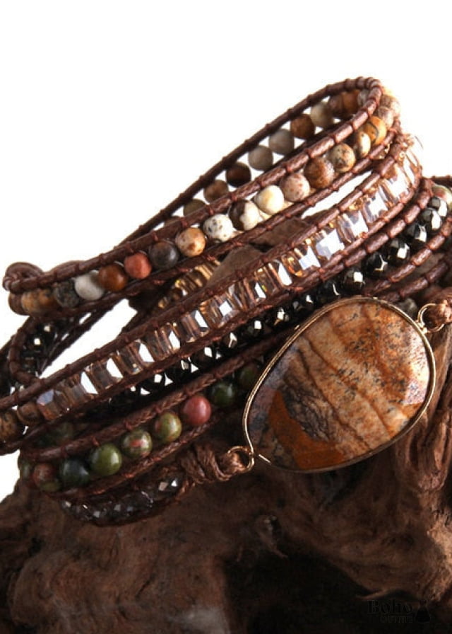 Boho Bracelet RH 5 Layers Leather Wrap Crystal and Natural