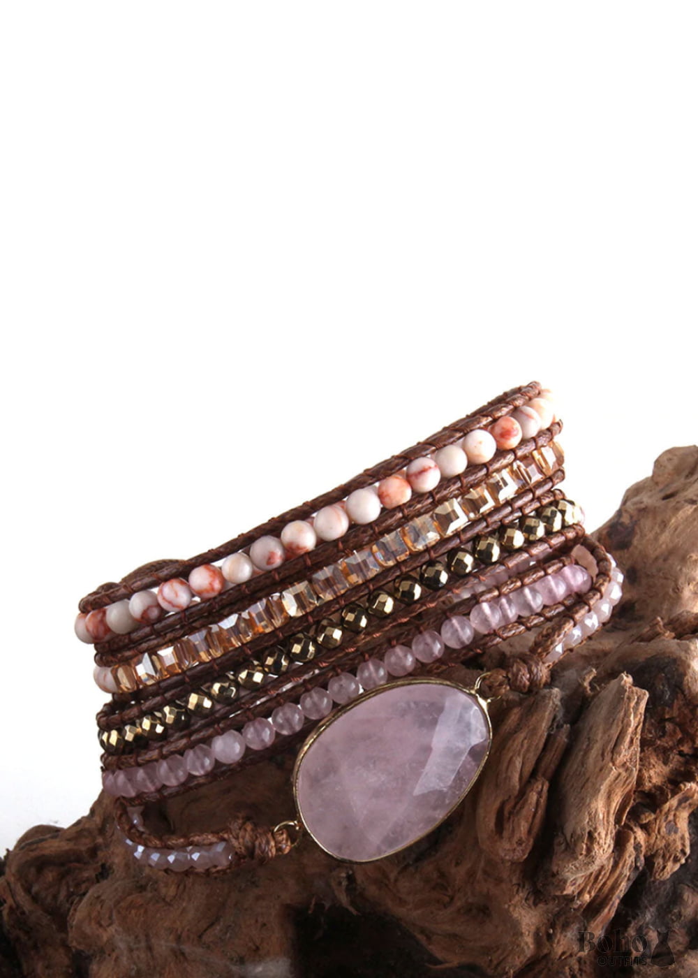 Boho Bracelet RH 5 Layers Leather Wrap Crystal and Natural