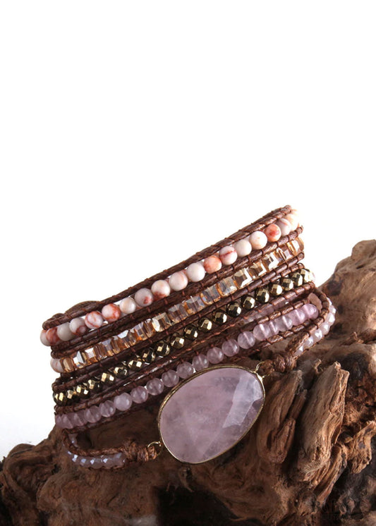 Boho Bracelet RH 5 Layers Leather Wrap Crystal and Natural