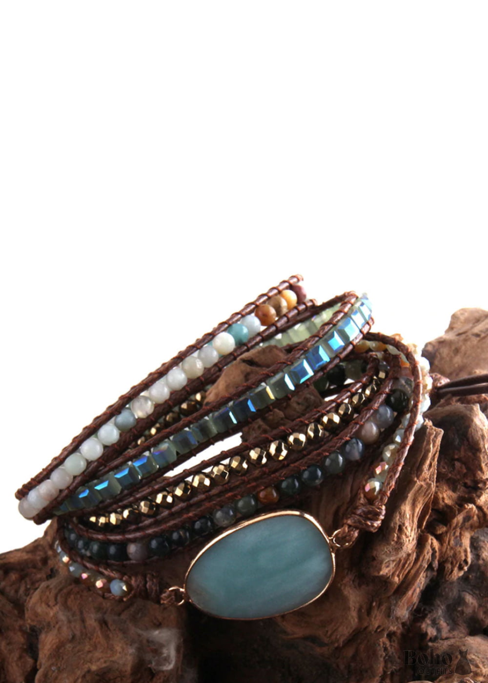 Boho Bracelet RH 5 Layers Leather Wrap Crystal and Natural