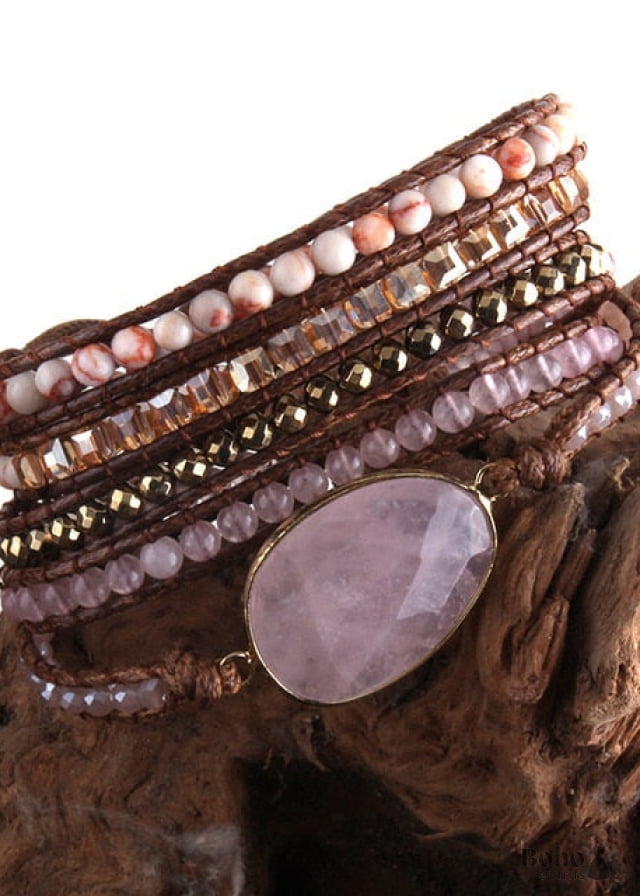 Boho Bracelet RH 5 Layers Leather Wrap Crystal and Natural