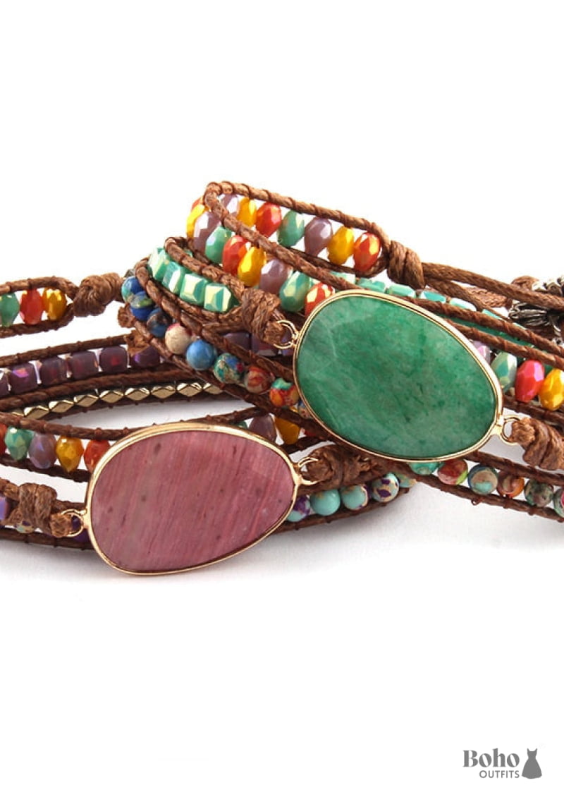 Boho Bracelet RH 5 Layers Leather Wrap Mixed Natural Stones