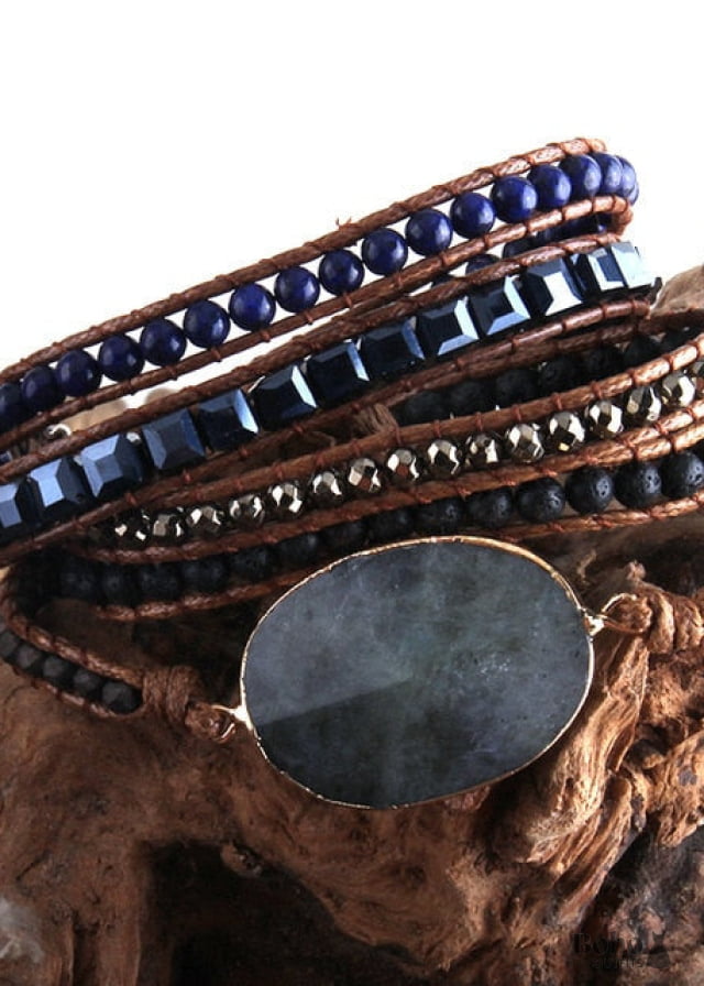 Boho Bracelet RH 5 Layers Leather Wrap Mixed Natural Stones