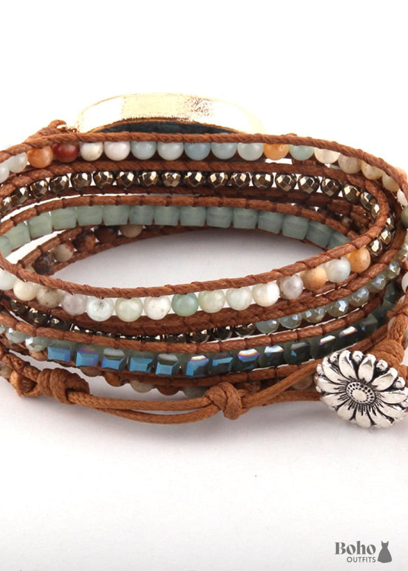 Boho Bracelet RH 5 Layers Leather Wrap Natural Stones Blue