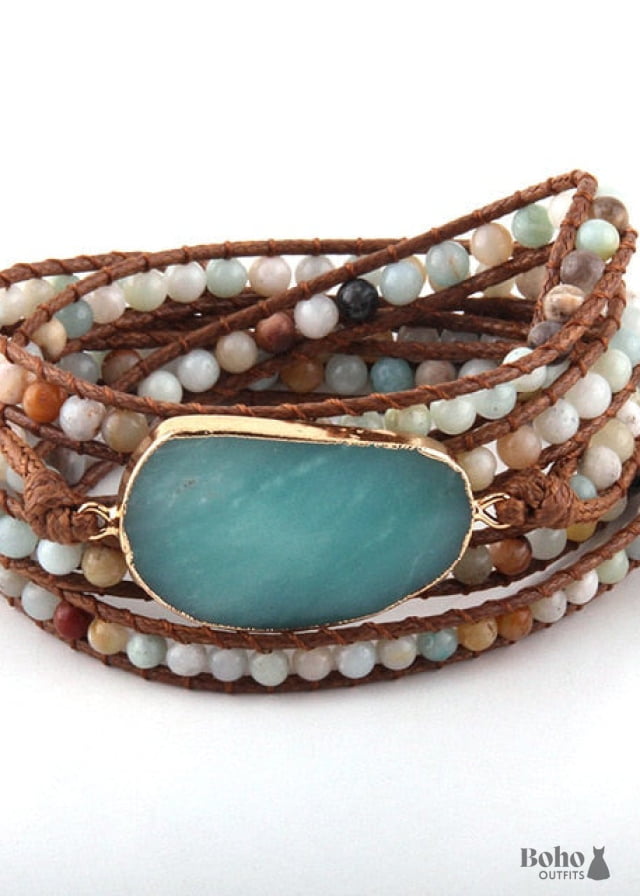 Boho Bracelet RH 5 Layers Leather Wrap Natural Stones Blue