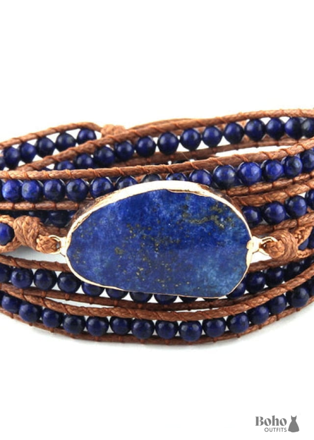 Boho Bracelet RH 5 Layers Leather Wrap Natural Stones Blue