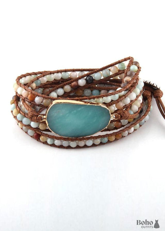 Boho Bracelet RH 5 Layers Leather Wrap Natural Stones Blue