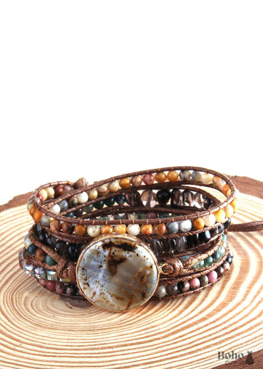 Boho Bracelet RH 5 Layers Leather Wrap Natural Stones Dusty