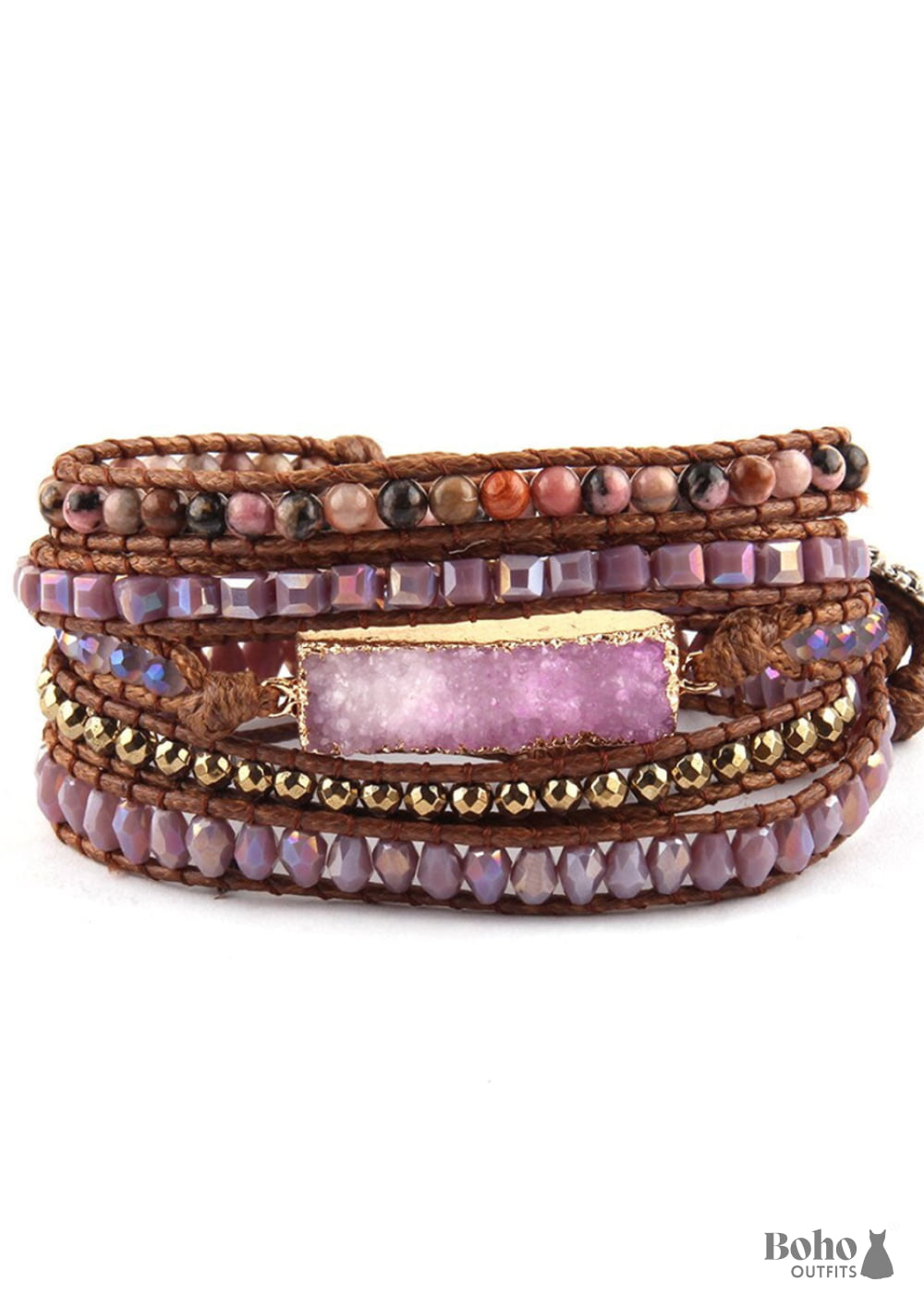 Boho Bracelet RH 5 Layers Leather Wrap Natural Stones Gold