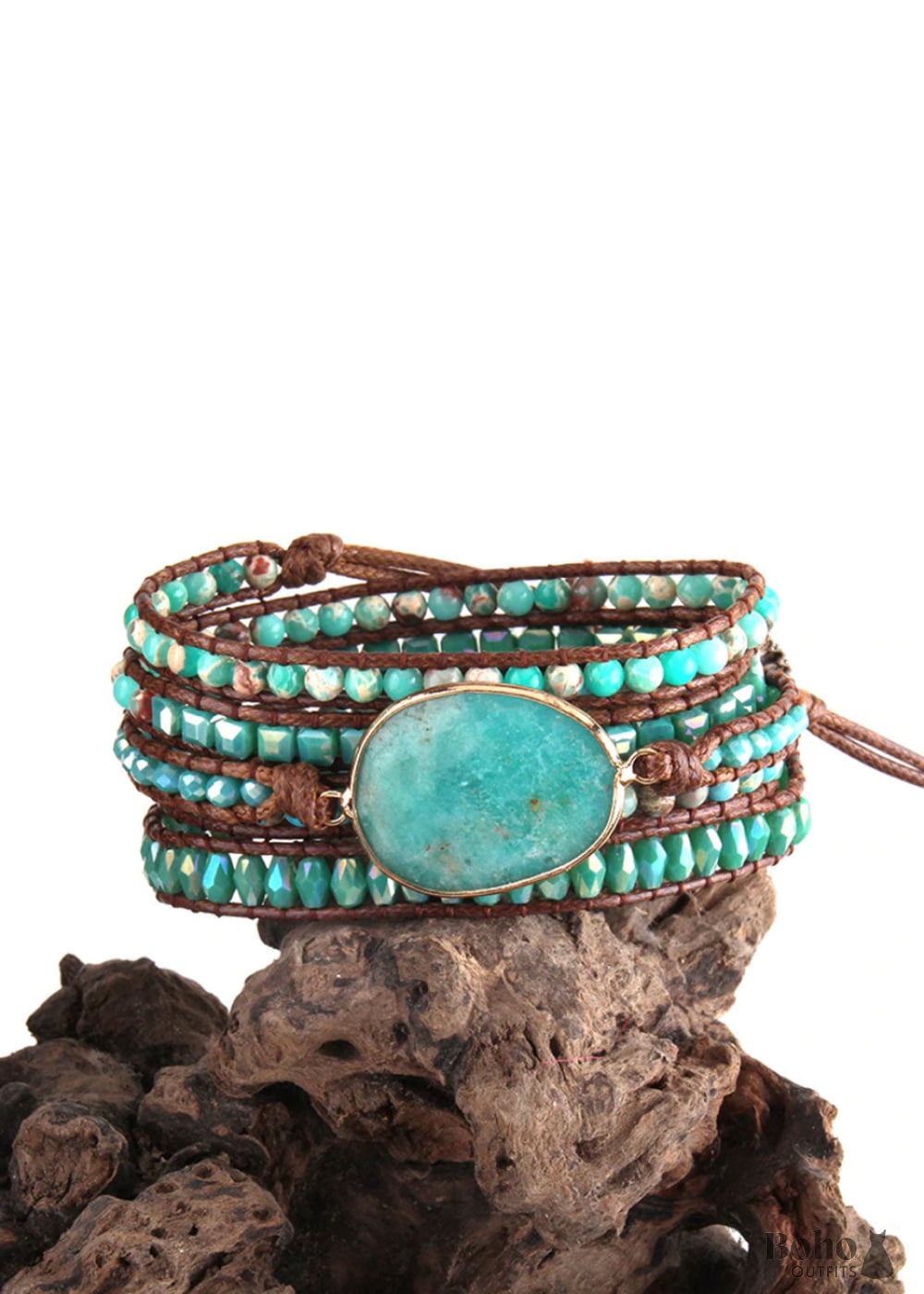 Boho Bracelet RH 5 Layers Leather Wrap Natural Stones Green