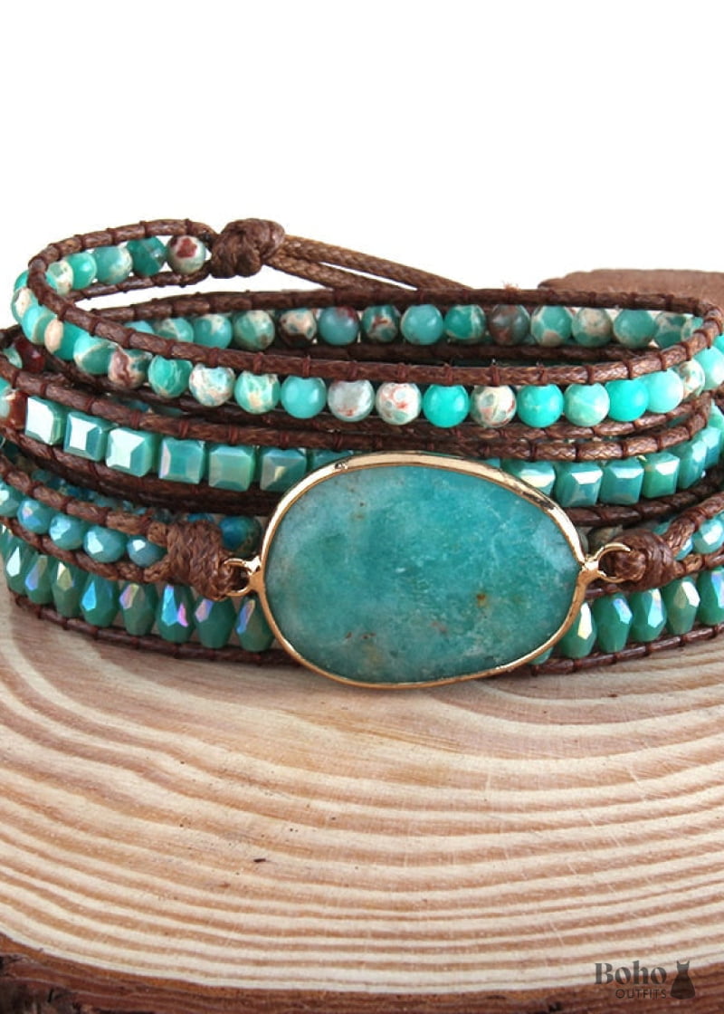 Boho Bracelet RH 5 Layers Leather Wrap Natural Stones Green