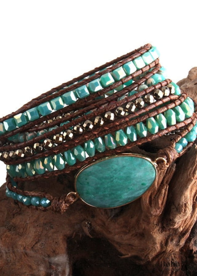 Boho Bracelet RH 5 Layers Leather Wrap Natural Stones Green