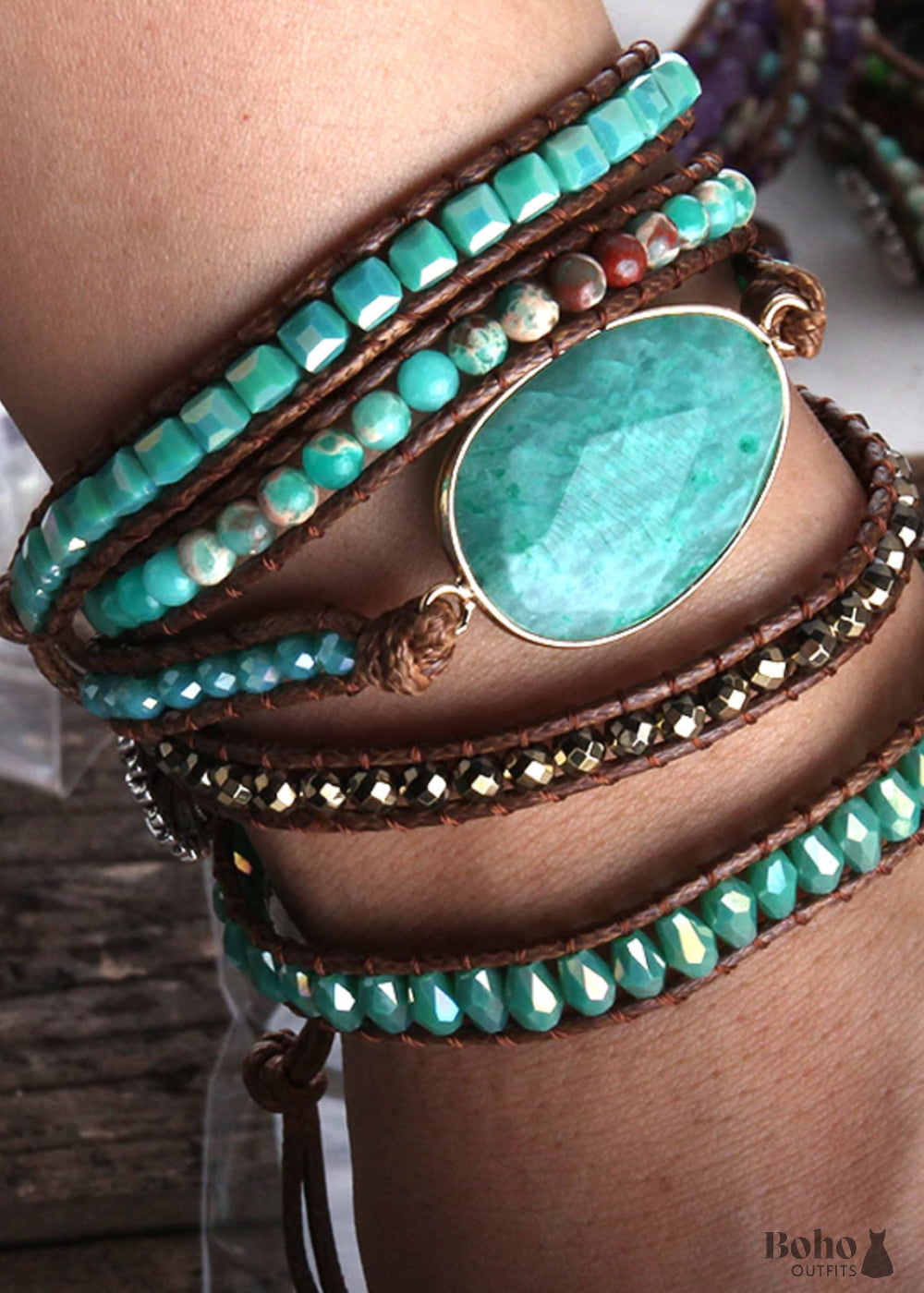 Boho Bracelet RH 5 Layers Leather Wrap Natural Stones Green