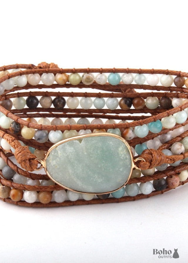 Boho Bracelet RH 5 Layers Leather Wrap Natural Stones Navy