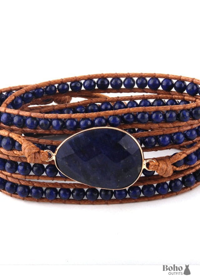 Boho Bracelet RH 5 Layers Leather Wrap Natural Stones Navy