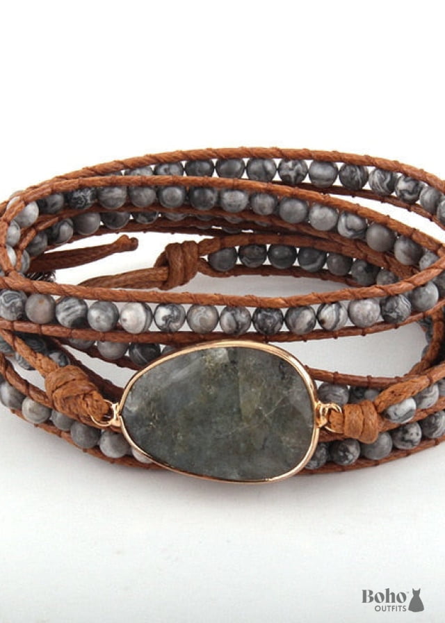 Boho Bracelet RH 5 Layers Leather Wrap Natural Stones Navy