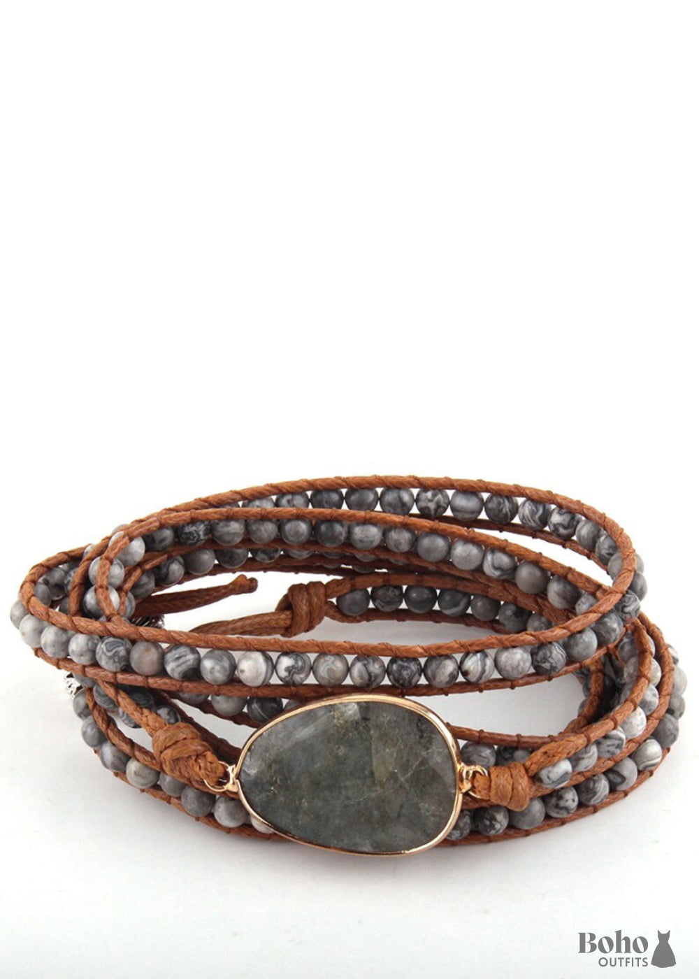 Boho Bracelet RH 5 Layers Leather Wrap Natural Stones Navy