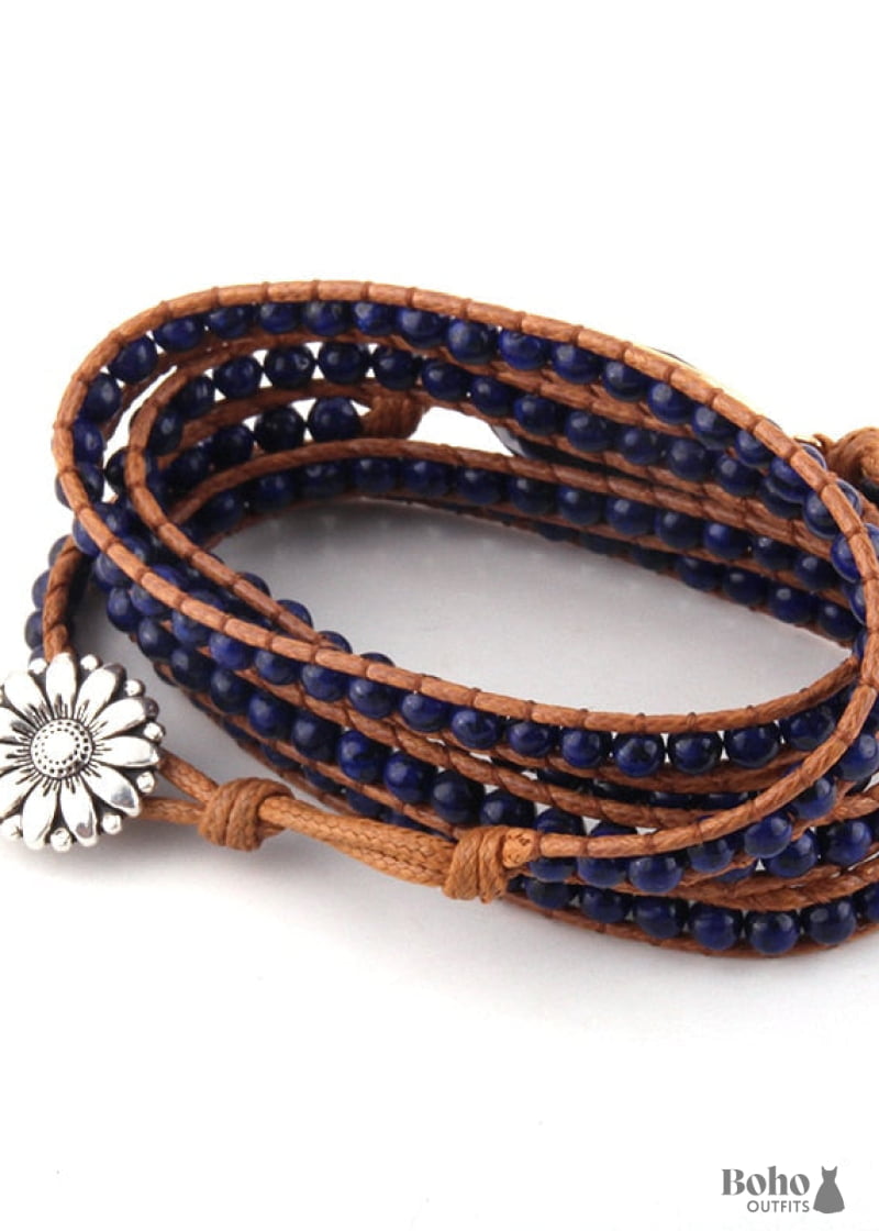 Boho Bracelet RH 5 Layers Leather Wrap Natural Stones Navy