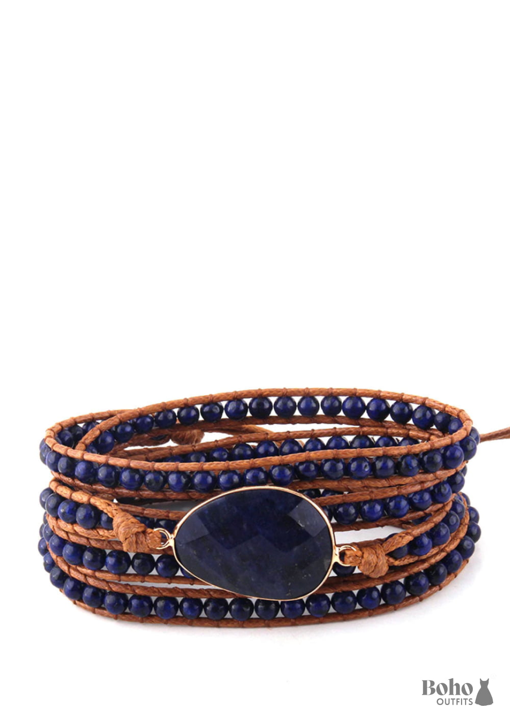 Boho Bracelet RH 5 Layers Leather Wrap Natural Stones Navy