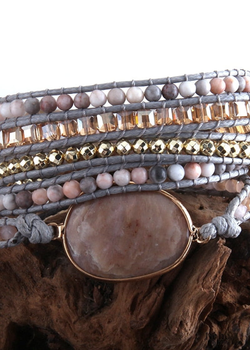 Boho Bracelet RH 5 Layers Leather Wrap Natural Stones Rose