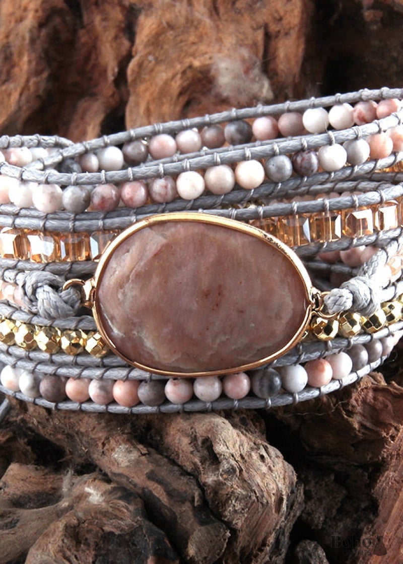 Boho Bracelet RH 5 Layers Leather Wrap Natural Stones Rose