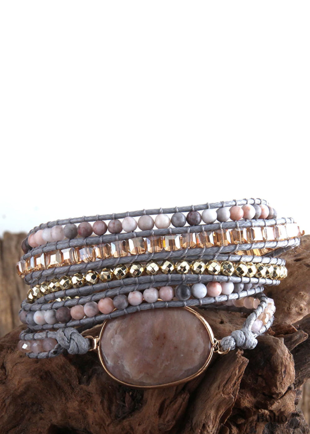 Boho Bracelet RH 5 Layers Leather Wrap Natural Stones Rose