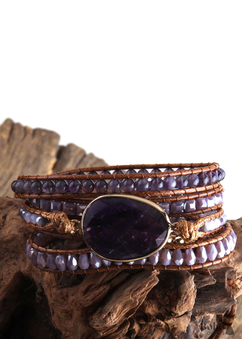 Boho Bracelet RH 5 Layers Leather Wrap Natural Stones Rose